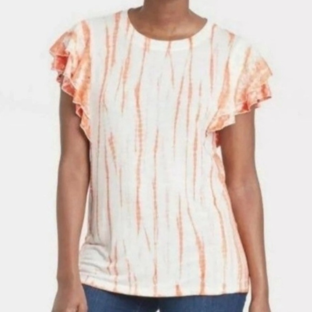 Knox Rose Tie Dye White Orange Lace Ruffled Knit Blouse Size XL EUC #0920